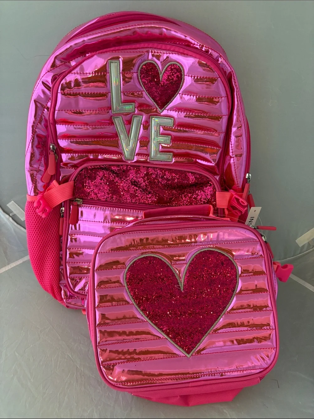 New Beautiful Girls Pink Glitter 'LOVE' Backpack and Lunch Bag Set